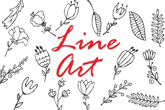17 Line Art Doodle Flowers Leaves Set